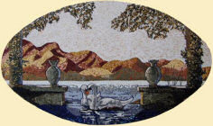 The light-blue/blue colouring of the sea is carried out with natural marble from Brazil (Azul Bahia and Azul Makauba)